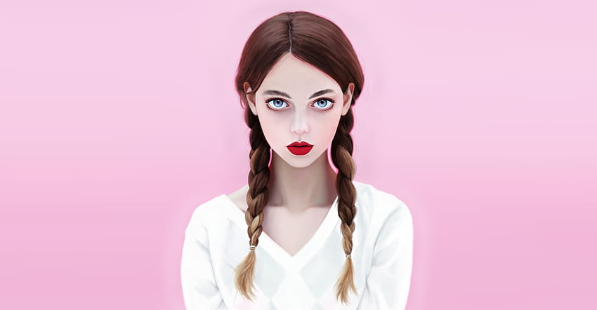 : women, portrait, pink background, simple background, red lipstick, face, brunette, artwork, blue eyes 2560x1331 HD wallpaper