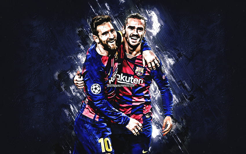 Lionel Messi, Antoine Griezmann, FC Barcelona, football players, blue stone background, Champions League, La Liga, Spain, football, world football stars, Leo Messi with resolution 2880x1800. High Quality, messi and griezmann HD wallpaper