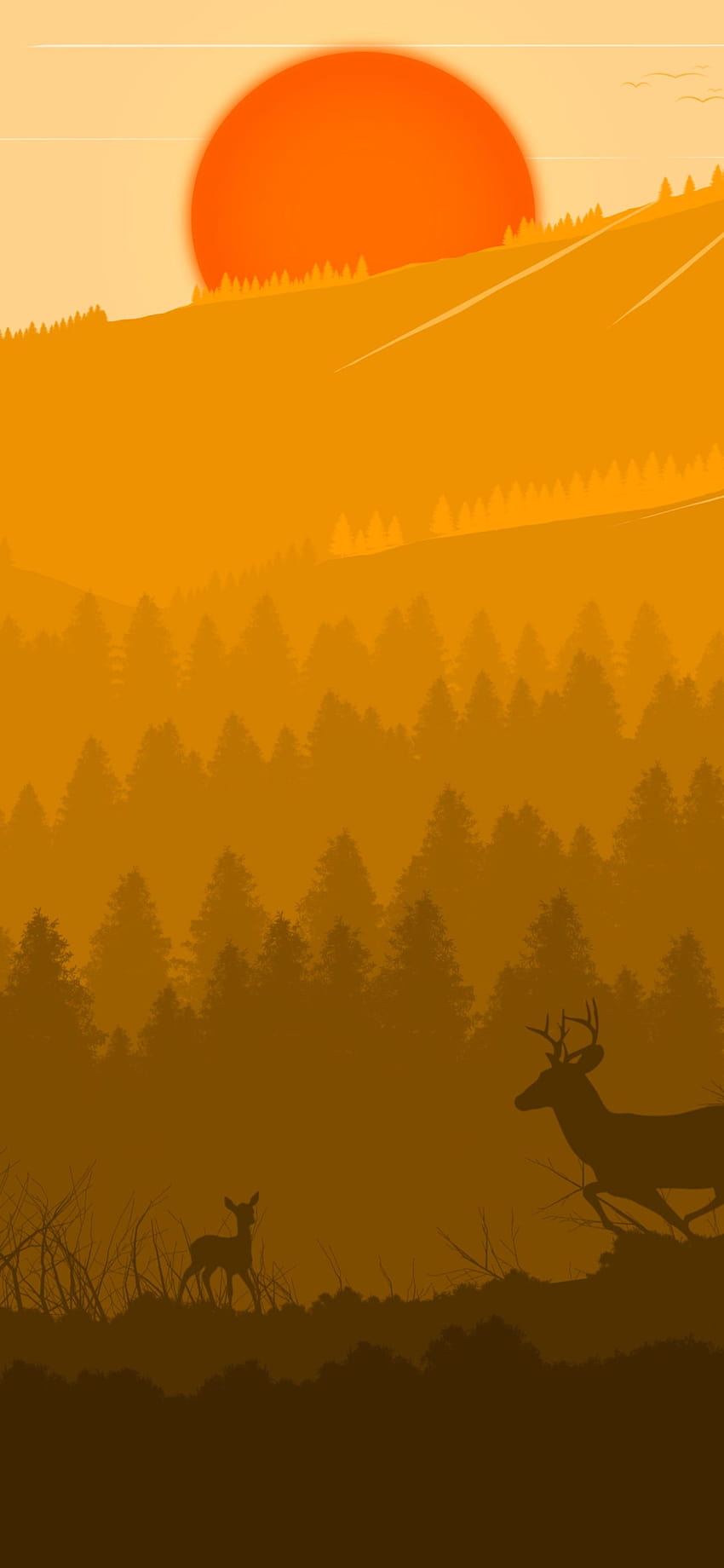 1242x2688 사슴 숲 여우 태양 붉은 나무 새 아이폰 XS MAX , 배경 및 사슴과 여우 HD 전화 배경 화면