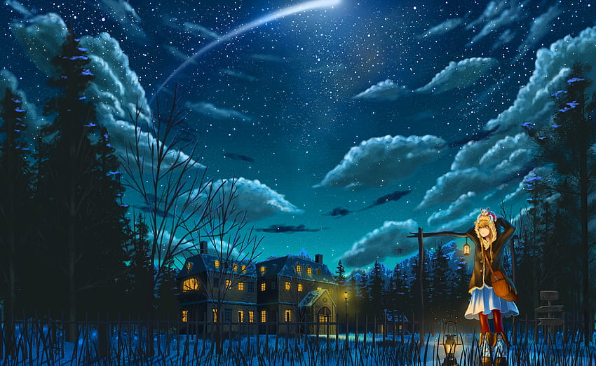 hewan rambut pirang sepatu bot bangunan kucing awan hutan nauimusuka malam asli pixiv fantasia rok langit bintang pohon hutan anime malam Wallpaper HD