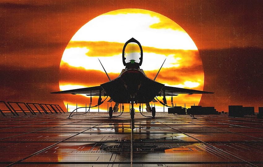 夕焼け 太陽 飛行機 戦闘機 F 22 ラプター、夕焼けのジェット機 高画質の壁紙