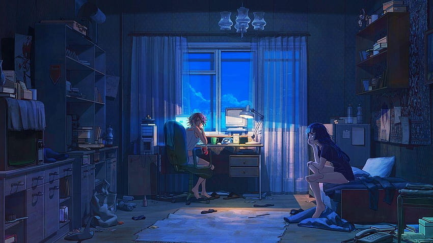 night, room, girls, friends, things, computer, drinks, chilling at night anime HD wallpaper