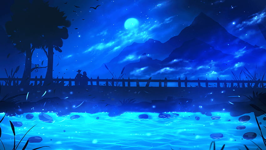1366x768 Fantasy World, Blue Theme, River, Moon, Mountains, blue fantasy Tapeta HD