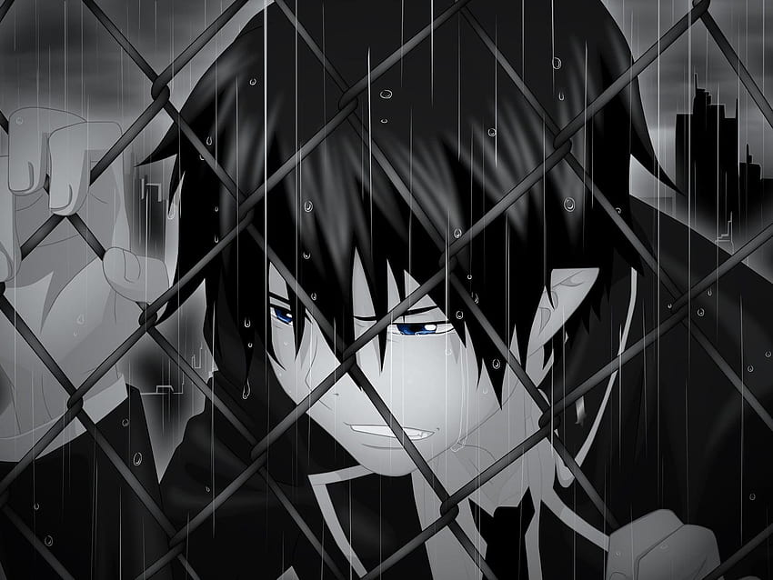Męska postać z anime płacze w deszczu, trzymając się, uśmiechnij się, płacz anime boy Tapeta HD