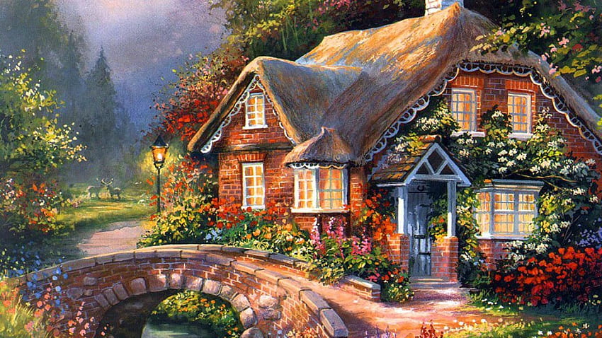 Painting, Summer, Creek, Cottage, Beautiful, Flowers, Stone, Bridge, Paradise, Amazing , , High Quality, 1920x1080, painting summer HD wallpaper