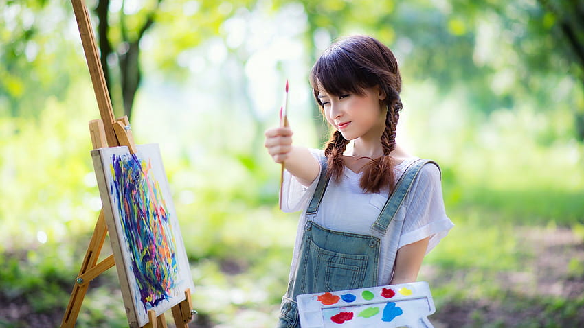 : sunlight, trees, painting, people, women outdoors, depth of field, T shirt, long hair, abstract, nature, brunette, grass, Asian, dress, jeans, green, paintbrushes, picnic, spring, Person, play, painters, thumbs up, easel, women painter HD wallpaper