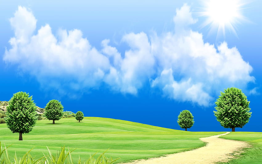 Bellissimo mondo da sogno, erba verde, alberi, strada, nuvole, albero da sogno Sfondo HD