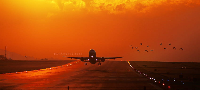 avión aterrizando en puesta de sol Avión comercial Vehículo aéreo, aterrizaje de avión fondo de pantalla