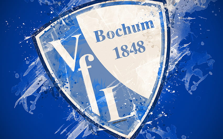 VfL ボーフム、ペイント アート、ロゴ、クリエイティブ、ドイツのサッカー チーム、ブンデスリーガ 2、エンブレム、青色の背景、グランジ スタイル、ボーフム、ドイツ、解像度 3840x2400 のサッカー。 高品質、 高画質の壁紙