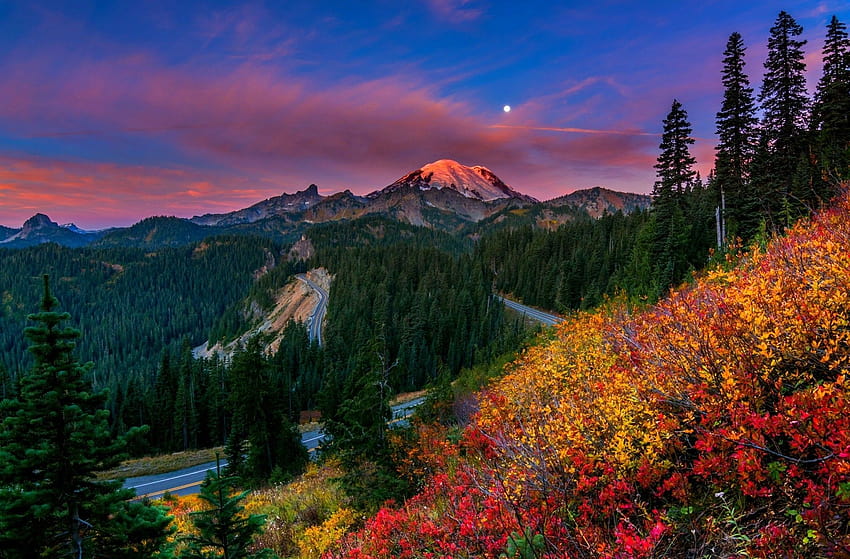 Mount Rainier Washington Mountain Road Fall Moon HD wallpaper
