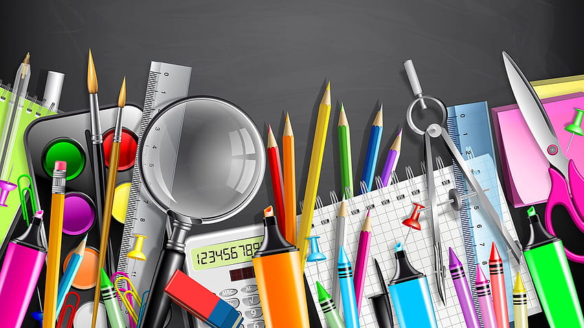 Stationery Pencils Magnifying glass Notepad 2560x1440 HD wallpaper