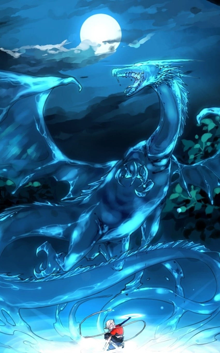 1600x2560 Anime Boy, Dragon, Moonlight, Night, Water, water dragons HD phone wallpaper