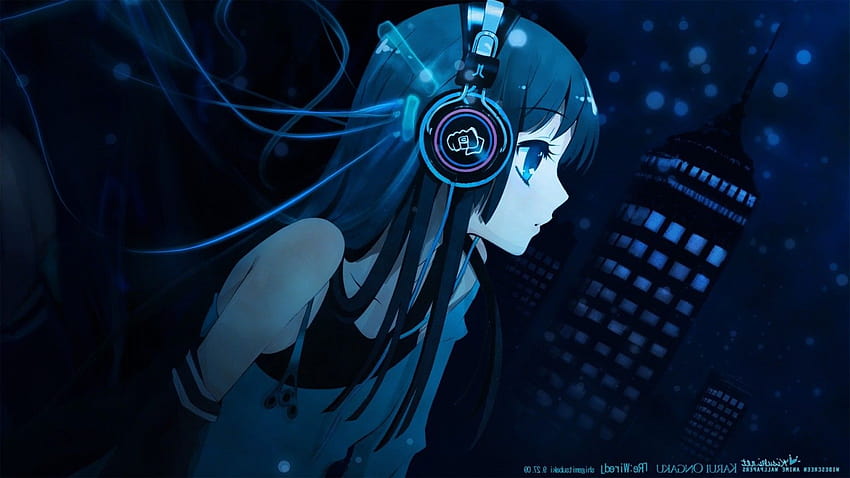 : illustration, anime girls, blue, headphones, darkness, screenshot, 1600x900 px, computer 1600x900, blue headphones HD wallpaper
