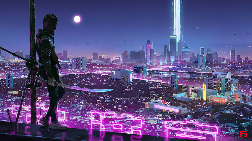 Neonlichter Cyber ​​Ninja Boy, Cyber ​​City HD-Hintergrundbild