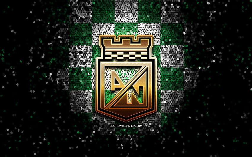 Atletico Nacional FC, logo glitter, Categoria Primera A, latar belakang kotak-kotak hijau putih, sepak bola, klub sepak bola Kolombia, logo Atletico Nacional, seni mosaik, sepak bola, Atletico Nacional, liga sepak bola Kolombia dengan, athletico nacional Wallpaper HD