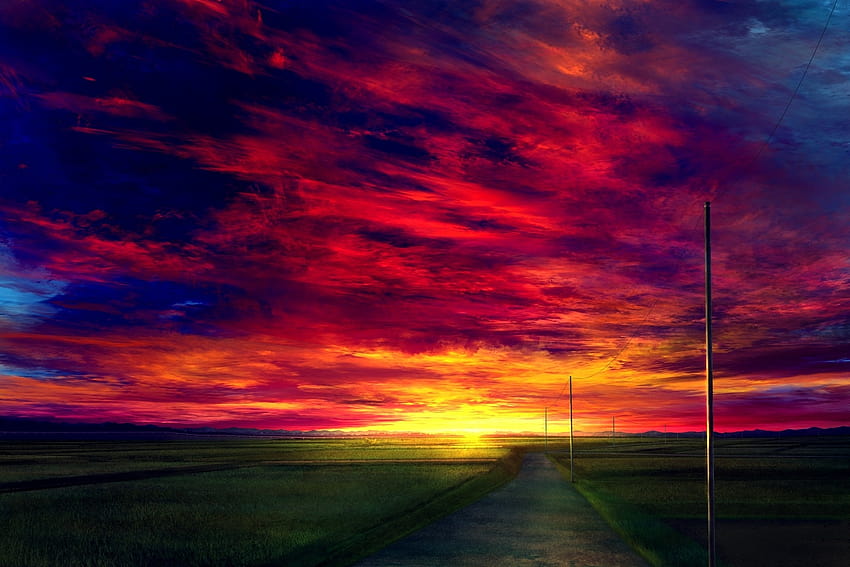 Red Sky, Anime Landscape, Sunset, Scenic, Realistic, Field HD Wallpaper ...