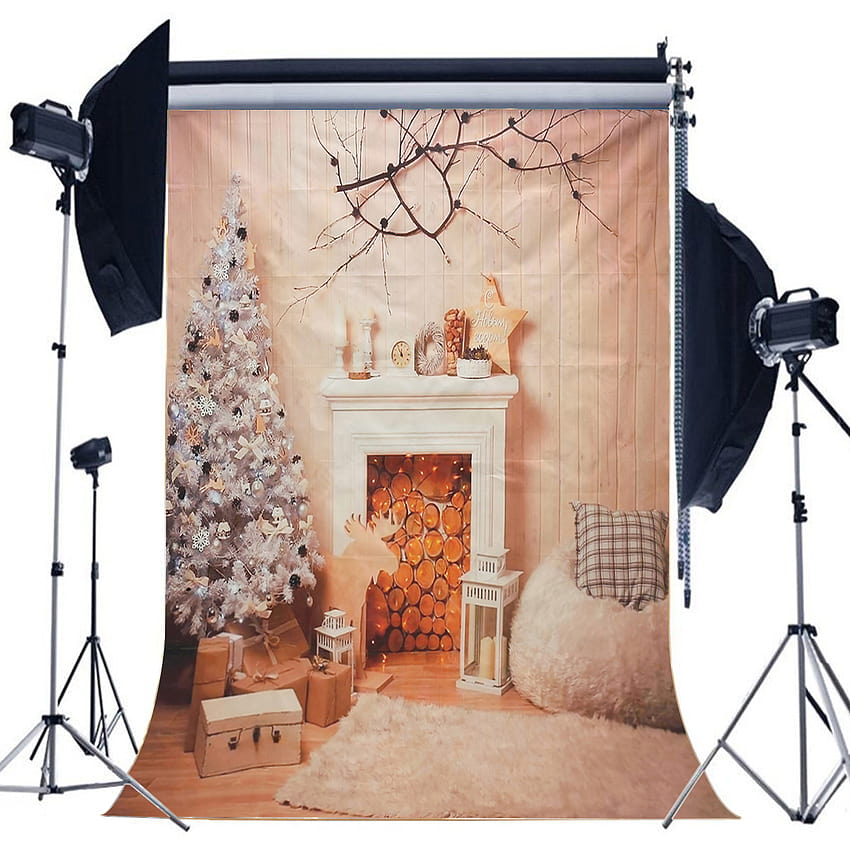 5x7 фута Коледна камина Коледна елха Клон Дървено одеяло Графичен фон Studio Prop HD тапет за телефон