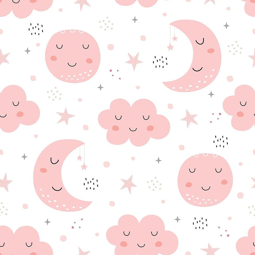 Seamless pattern, sky with crescent moon and pink clouds on white backgrounds Hand drawn design in cartoon style, use for print, decoration , gift wrap, textiles. Vector illustration 4990188 Vector Art at HD phone wallpaper