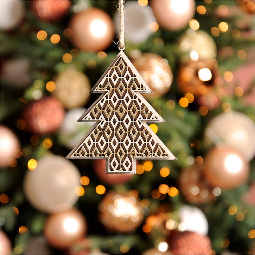 Wooden Flat Tree With White And Gold Geometric Design Christmas Hanging Decoration, christmas 1200x1200 HD phone wallpaper