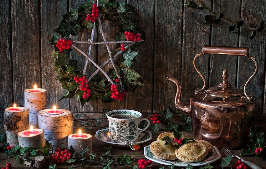 bagas, chá, estrela, velas, chaleira, biscoitos, caneca, natureza morta, solstício de inverno, seção еда, inverno de chá papel de parede HD
