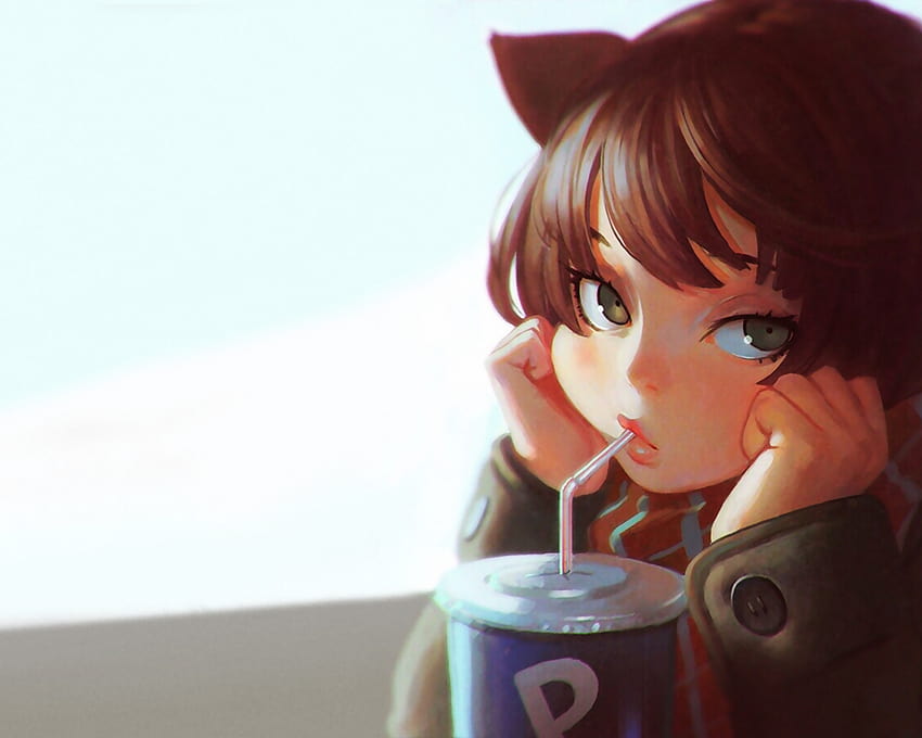 커피를 마시는 귀여운 애니메이션 소녀, 배경, 8rt549, 애니메이션 소녀 음료 커피 HD 월페이퍼
