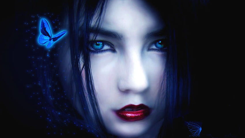 kobiety ciemnoniebieskie oczy gotyckie czarne włosy motyle Wysoka jakość, kobiety czarne i niebieskie Tapeta HD