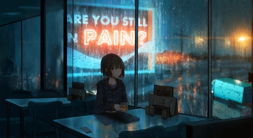 La chica está sentada sola en el café y está lloviendo afuera de la ventana, anime sentada sola. fondo de pantalla