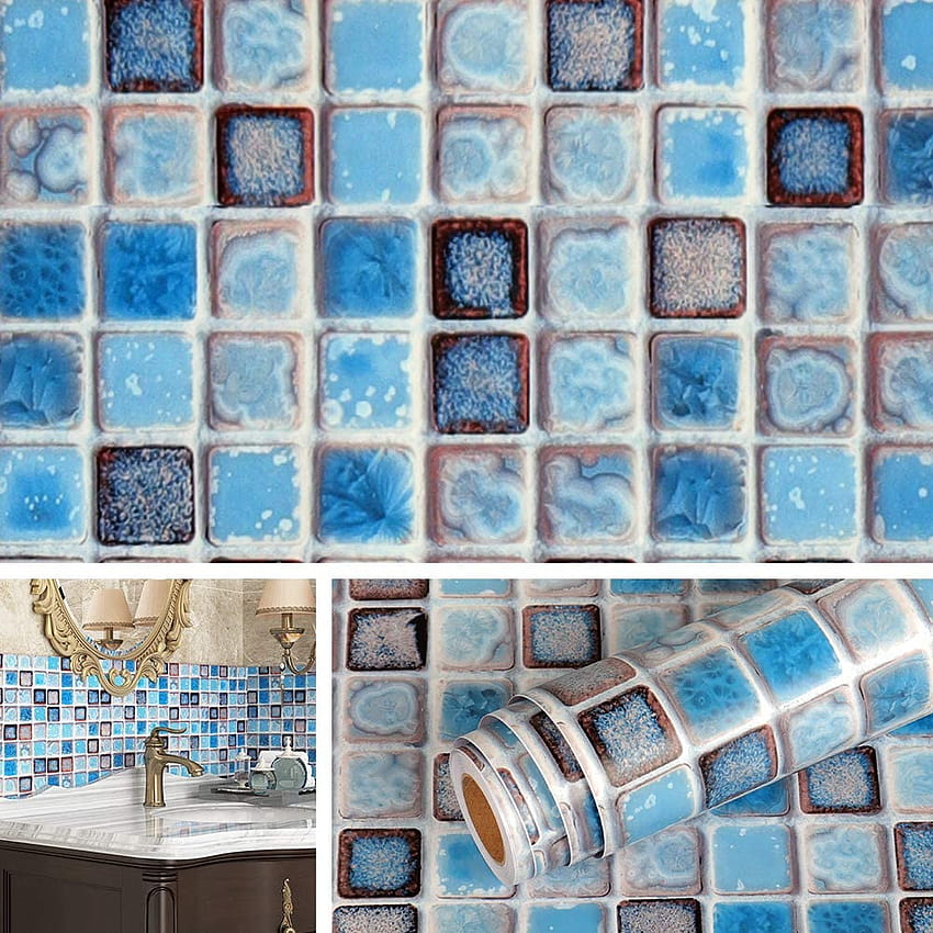 Livelynine Peel และ Stick สำหรับห้องน้ำห้องครัวเคาน์เตอร์ฝักบัว Self กาวกระดาษติดต่อตกแต่งกระเบื้องโมเสคสติ๊กเกอร์ติดผนังกันน้ำแบบถอดได้ Blue Checkered 15.8x78.8 นิ้ว: การปรับปรุงบ้าน วอลล์เปเปอร์โทรศัพท์ HD