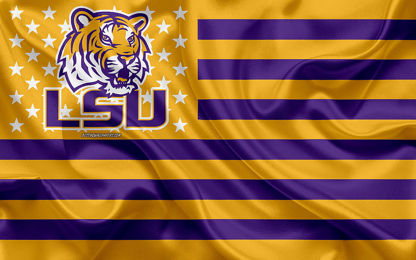 LSU Tigers, tim sepak bola Amerika, bendera kreatif Amerika, kuning, logo lsu Wallpaper HD