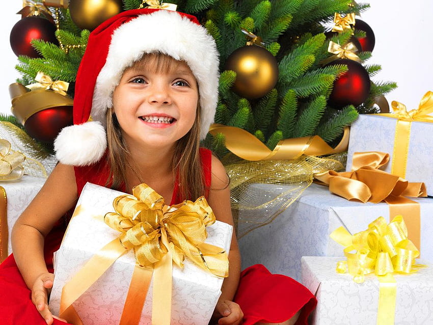 Cute Kid Girl Christmas Gifts Tree Holidays, gadis imut natal Wallpaper HD