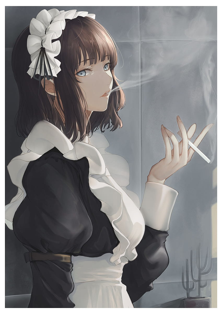 : anime girls, marumoru, vertical, original characters, short hair, smoking, maid outfit 2026x2865, maid dress HD phone wallpaper