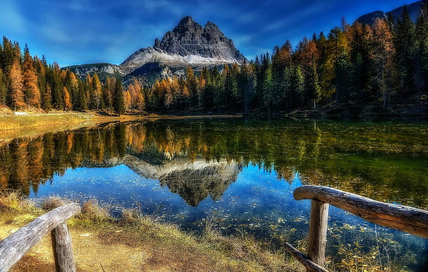 autumn, forest, trees, mountains, lake, reflection, Italy, mountain lake dolomites italy HD wallpaper