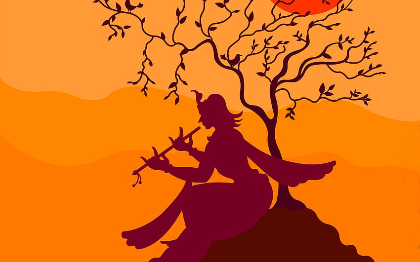Krishna Playing Flute Under Tree HD wallpaper