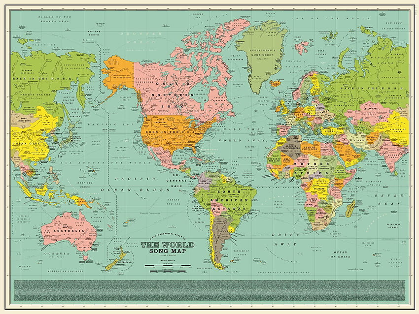 世界のうたマップ、世界地図をした詳細なポスターができました、国が描かれた世界地図 高画質の壁紙