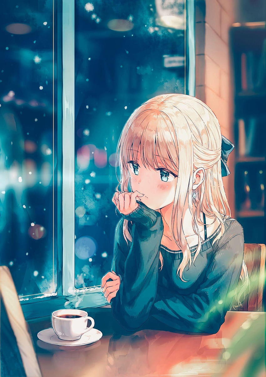 drinking coffee anime girl HD phone wallpaper