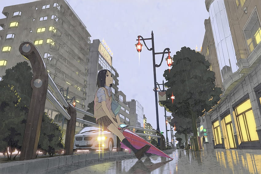 : Şehir, sokak, Şehir manzarası, Anime girls, yağmur, yol, şemsiye, Turizm, okul kızı, yalnız, kasaba, Metropolis, Bekleyen, Altyapı, yaya, SANAT, şehir merkezinde, Lane, kentsel alan, Komşuluk 1500x998, Kentsel anime HD duvar kağıdı
