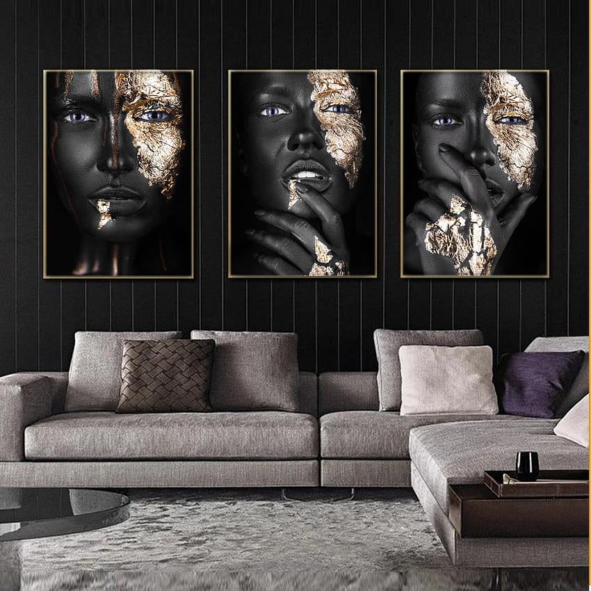 Afrikanische Kunst, schwarze und goldene Frau, Ölgemälde auf Leinwand, Cuadros, Poster und Drucke, skandinavische Wandkunst für das Wohnzimmer HD-Handy-Hintergrundbild