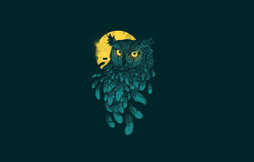 the dark background, owl, bird, minimalism, feathers, moon, owl, yellow moon , section минимализм, dark owl HD wallpaper