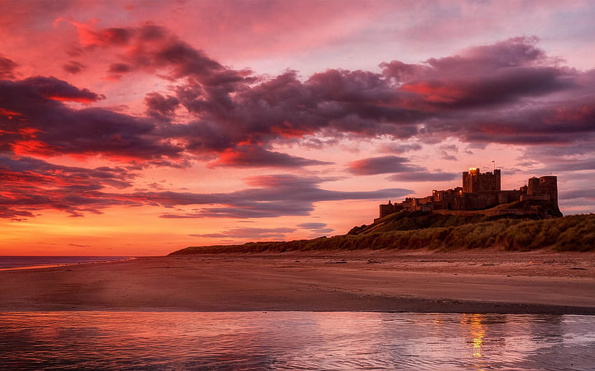 Beach sun sea sand castle sunset, castle at sunset HD wallpaper