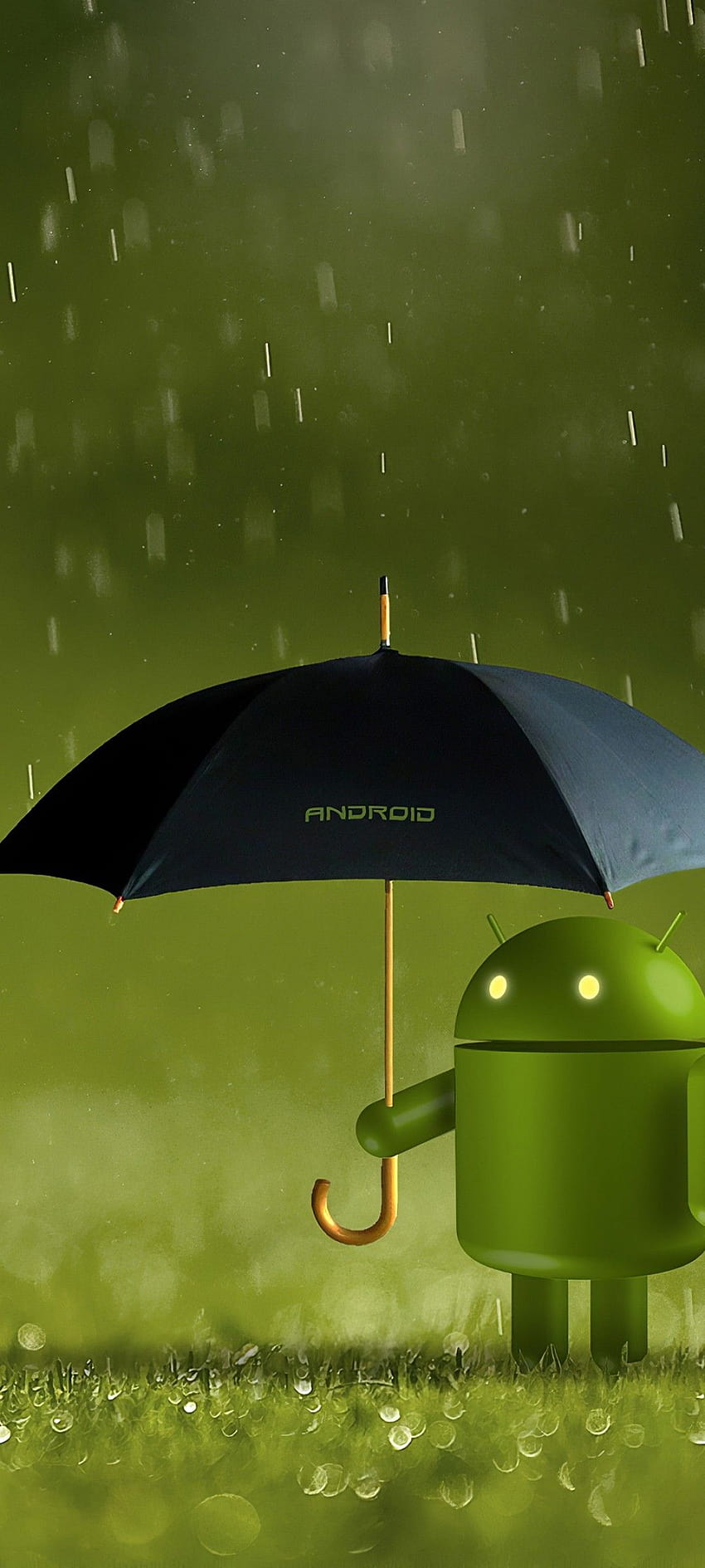Logo Android, robot Android, ombrello, pioggia, verde, tecnologia, robot Android verde Sfondo del telefono HD