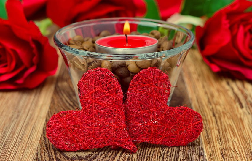 ความรัก ความรัก กุหลาบ ธัญพืช เทียน หัวใจ กาแฟ กุหลาบ และเทียนคริสต์มาสสีแดง วอลล์เปเปอร์ HD