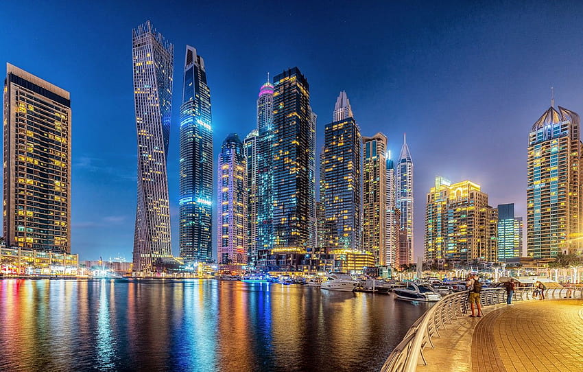 сграда, Дубай, архитектура, нощен град, Дубай, алея, небостъргачи, пристанище, ОАЕ, ОАЕ, Дубай Марина, Дубай Марина , раздел город, Дубай 2021 HD тапет