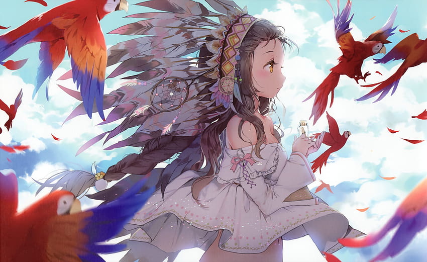 art, anmi, girl, parrots, feathers, sky, clouds, vial, anime, anime resolution 3200x1960 HD wallpaper
