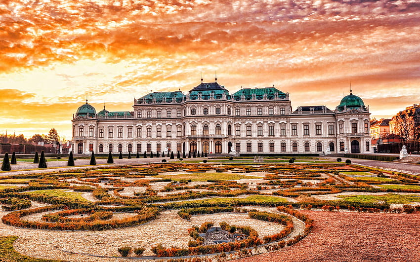 Belweder, Wiedeń, kompleks pałacowy, wieczór, zachód słońca, punkt orientacyjny Wiednia, barokowe pałace, Austria z rozdzielczością 2880x1800. Wysoka jakość, Belvedere Austria Tapeta HD