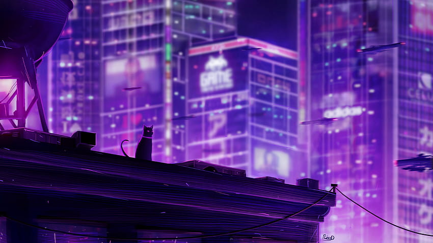 3840x2160 cat, roof, city, future, neon, backlight u 16:9 backgrounds, purple city HD wallpaper