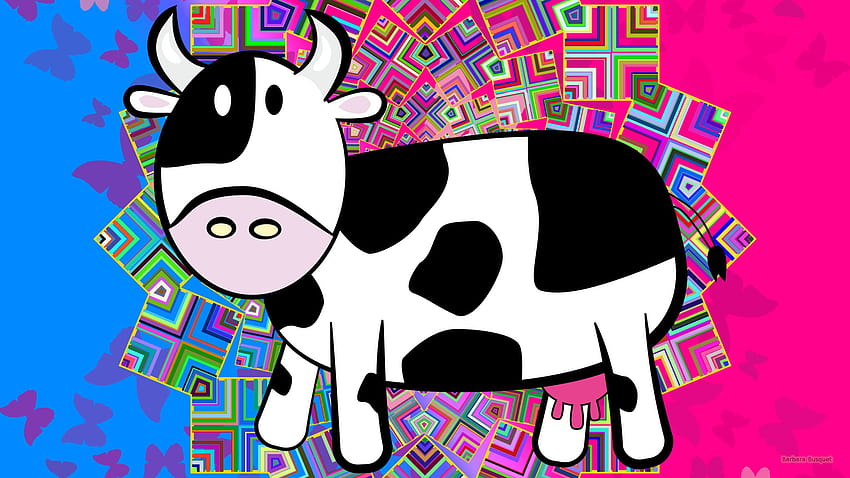 Pink blue with cow, black and white cow HD wallpaper