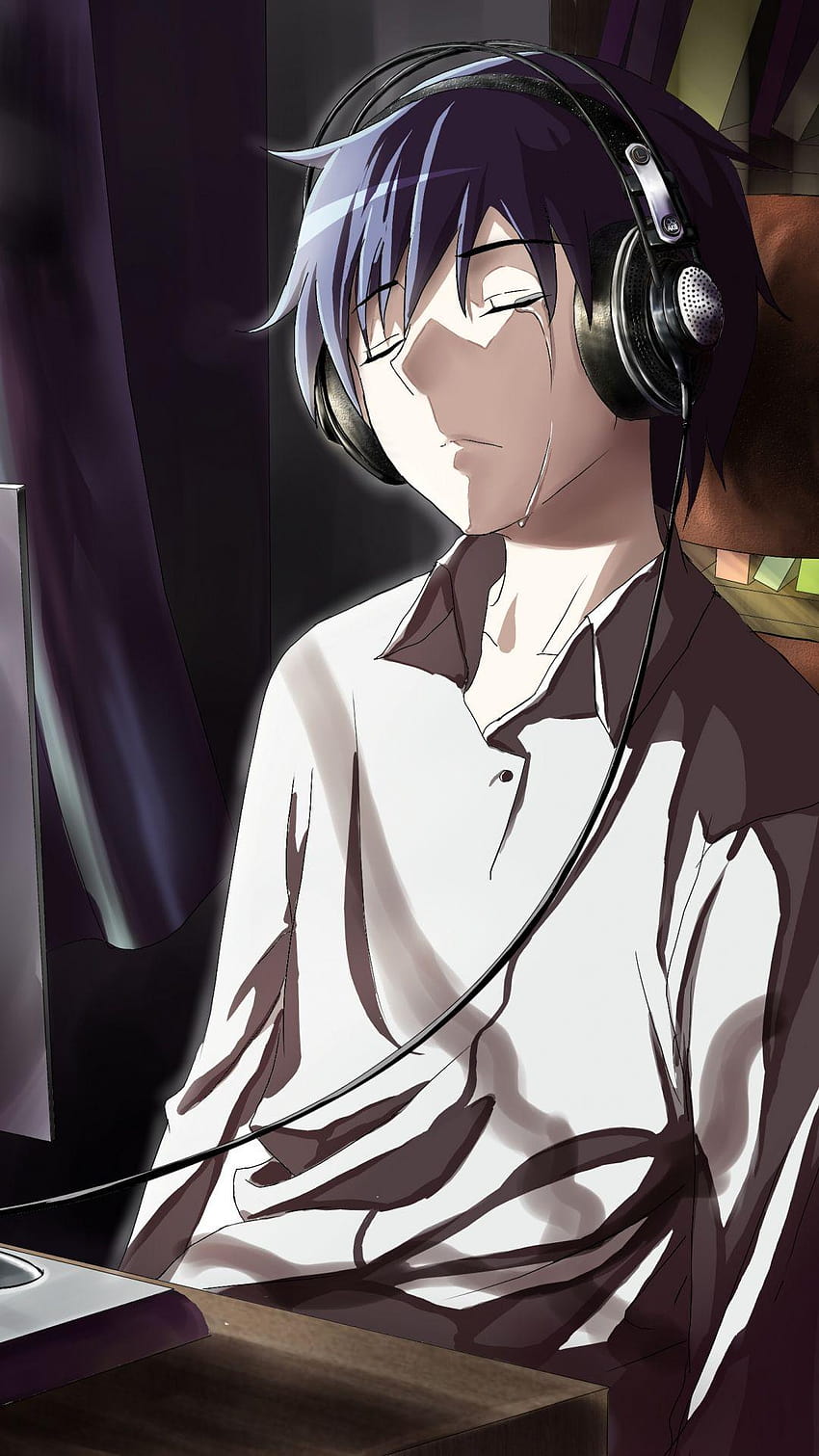 1080x1920 Facet, Anime, Komputer, Łzy, Smutek, smutny chłopak z anime Tapeta na telefon HD