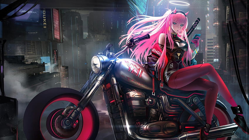 Chica anime con motocicleta, chica motociclista anime fondo de pantalla