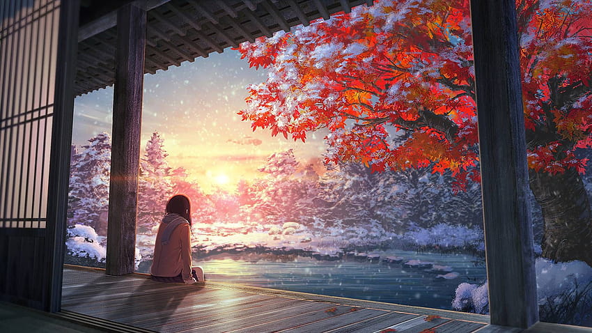 anime 1920x1080 anime anime girls cheveux courts écharpe hiver coucher de soleil arbres Fond d'écran HD
