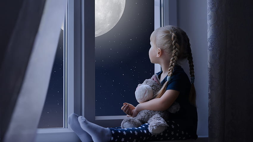 Малко момиче Тъжен прозорец Плюшено мече Нощ Луна, само бебе HD тапет